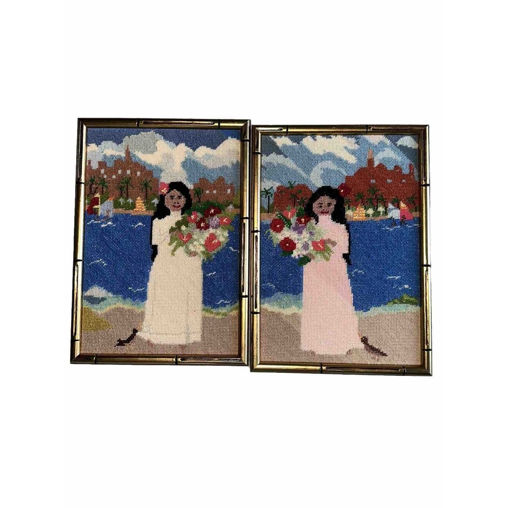 Needlepoint Framed Spanish Girl Wedding Floral On The Beach Set Of 2